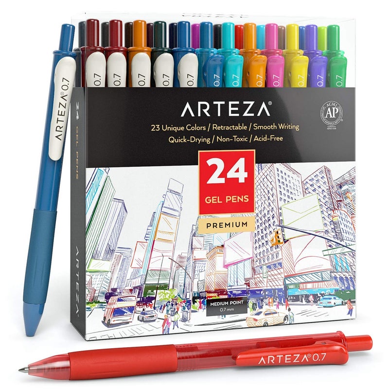 Arteza Colored Gel Pens Pack of 24 10 Vintage and 14 Vibrant Colors Fine 07 mm Tip Retractable Art Supplies for Journaling Drawing Doodling and Notetaking