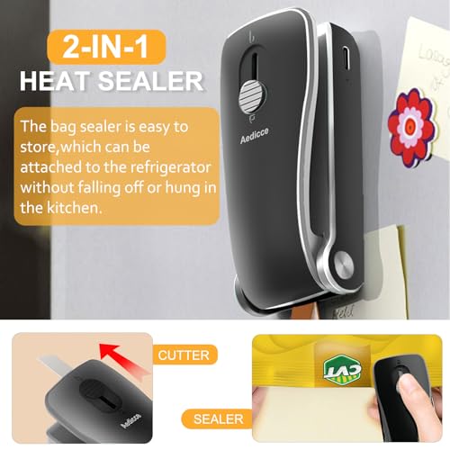 Aedicce Mini Bag Sealer, USB Rechargeable Chip Bag Sealer Heat Seal, 2 in 1 Bag Sealer Heat Seal with Cutter, Portable Bag Resealer for Plastic Bags Snacks & Food Storage(Black) - Image 3