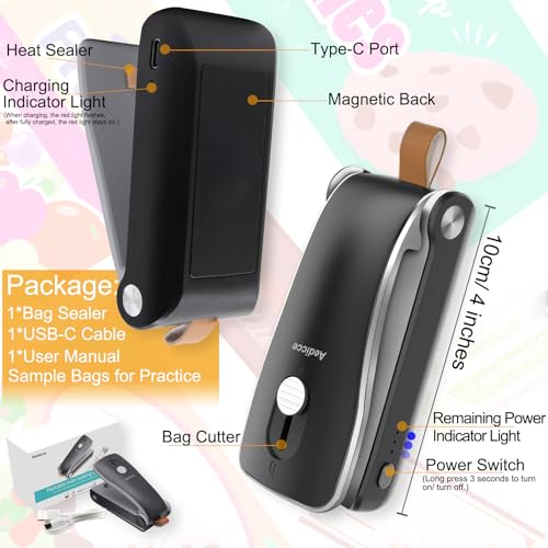 Aedicce Mini Bag Sealer, USB Rechargeable Chip Bag Sealer Heat Seal, 2 in 1 Bag Sealer Heat Seal with Cutter, Portable Bag Resealer for Plastic Bags Snacks & Food Storage(Black) - Image 5