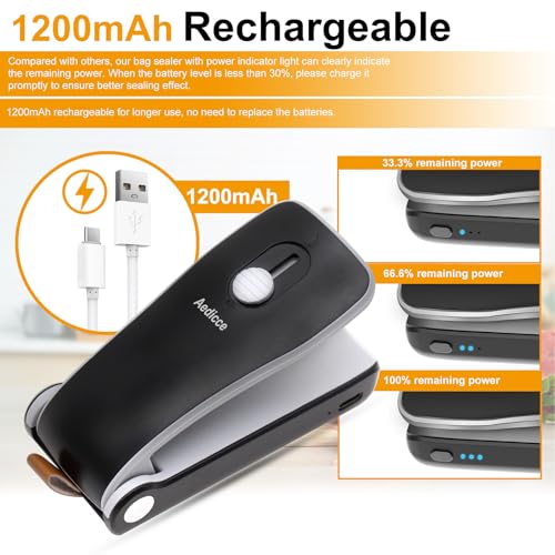 Aedicce Mini Bag Sealer, USB Rechargeable Chip Bag Sealer Heat Seal, 2 in 1 Bag Sealer Heat Seal with Cutter, Portable Bag Resealer for Plastic Bags Snacks & Food Storage(Black) - Image 2