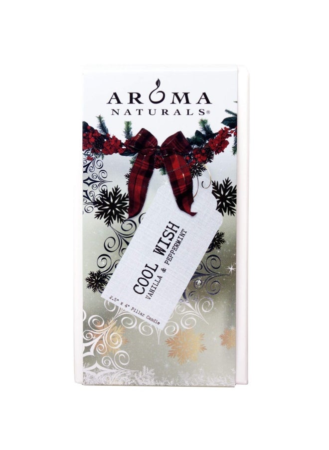 Aroma Naturals - Holiday Essential Oil Scented Pillar Candle  Vanilla & Peppermint  Cool Wish  2.5 inch x 4 inch - Image 1