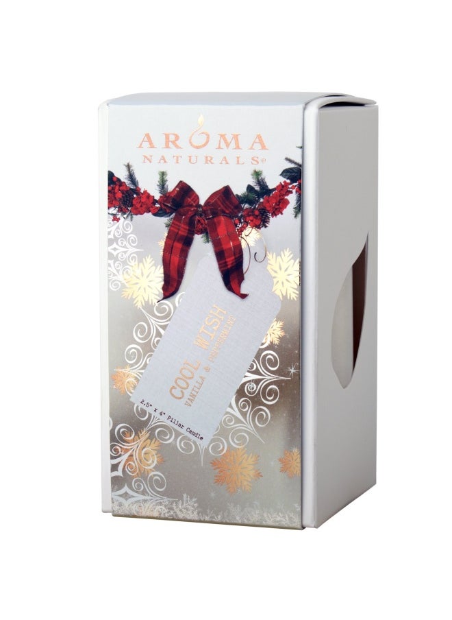 Aroma Naturals - Holiday Essential Oil Scented Pillar Candle  Vanilla & Peppermint  Cool Wish  2.5 inch x 4 inch - Image 1