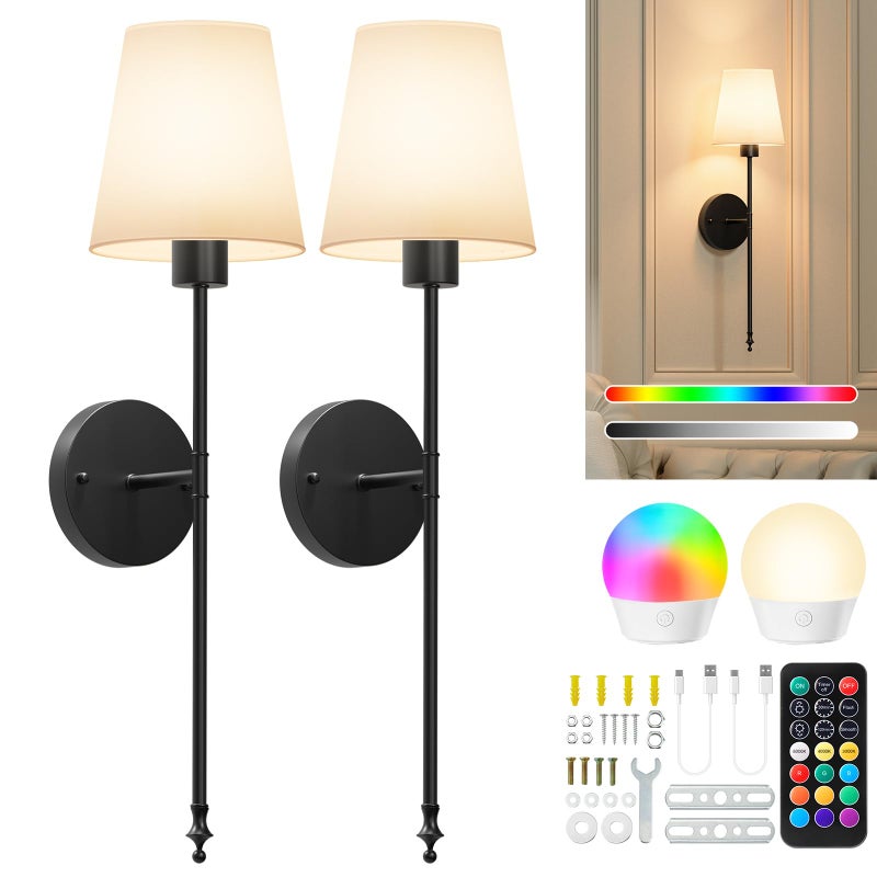 Brightown Battery Operated Wall Sconces Set of 2 Cordless Wall Lights with Rechargeable Bulbs and Remote 12 Lighting Colors and Dimmable Battery Powered Wall Lights for Bedroom Living Room Black