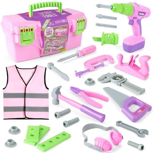 EP EXERCISE N PLAY Kids Tool Set Pink Toy Tool Set for Girls with Electric Drill Hammer Planer Working Vest with Storage Box Construction Pretend STEM Toy Tool Kit for Toddlers Age 3 Years and Up - Image 1