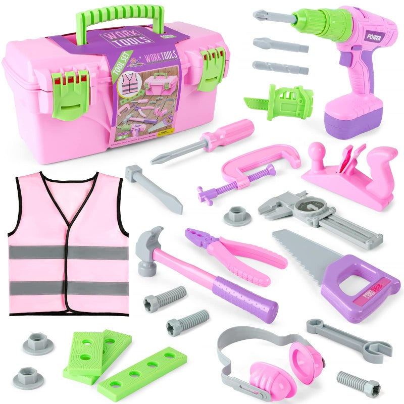 EP EXERCISE N PLAY Kids Tool Set Pink Toy Tool Set for Girls with Electric Drill Hammer Planer Working Vest with Storage Box Construction Pretend STEM Toy Tool Kit for Toddlers Age 3 Years and Up - Image 2