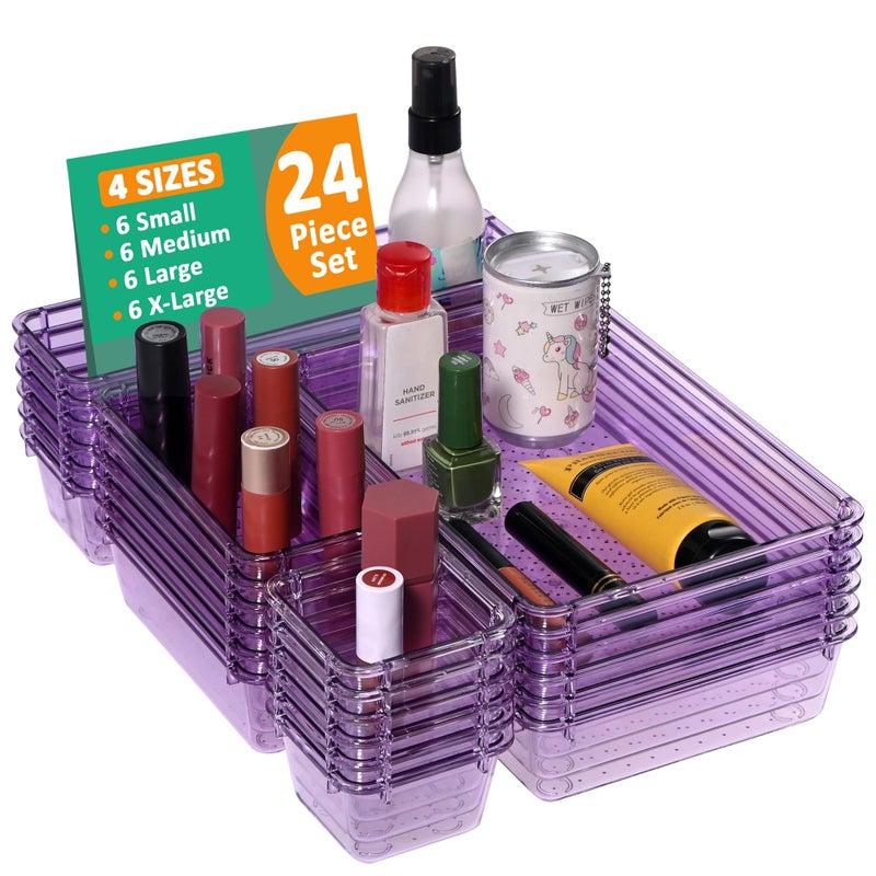 Kuber Industries Kuber Industries 24 Pcs Acrylic Transparent Cosmetic Organizer Tray | Drawers Organisers for Kitchen, Office and Bathroom Vanity Makeup | Stationery Storage Drawer Divider Tray | Purple  - Image 1