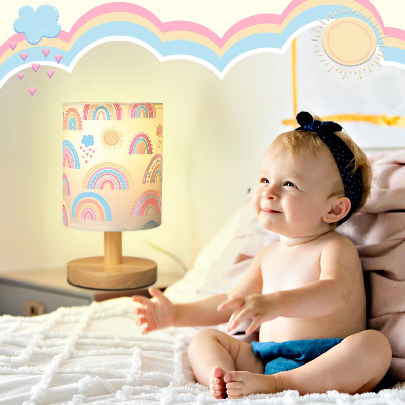 VIHOSE Rainbow Kids Table Lamp for Bedroom Kids Bedside Lamp with Linen Wooden Nightstand Cartoon Nursery Lampshade for Girls Boys Living Room - Image 5