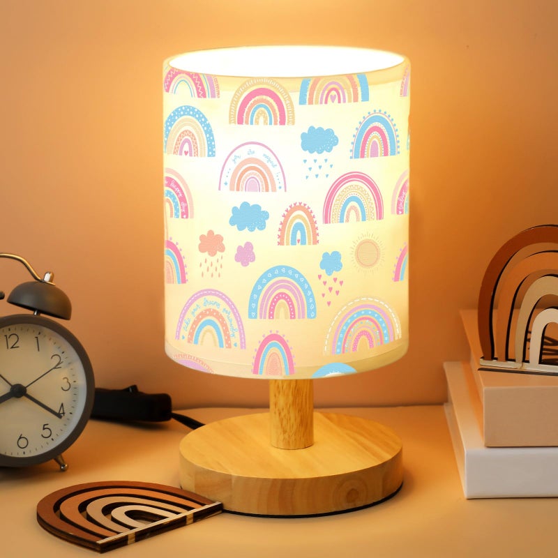 VIHOSE Rainbow Kids Table Lamp for Bedroom Kids Bedside Lamp with Linen Wooden Nightstand Cartoon Nursery Lampshade for Girls Boys Living Room - Image 1