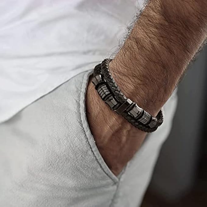 rayihni Mens Double, Row Braided Leather Bracelet Bangle Wristband With Stainless Steel Ornaments - Image 3