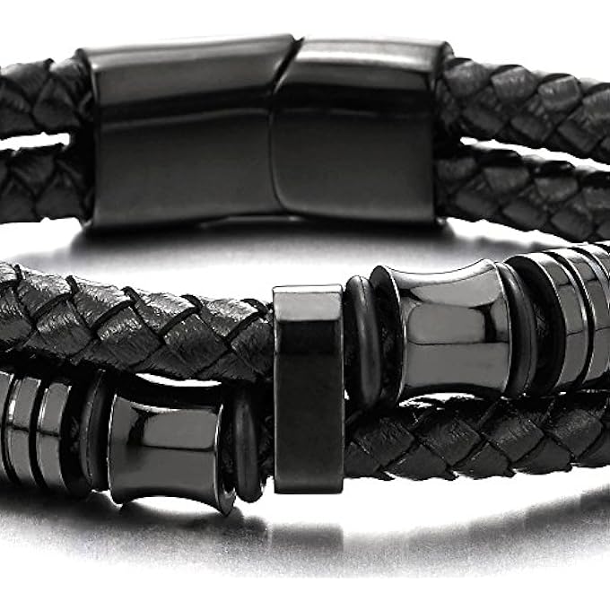 rayihni Mens Double, Row Braided Leather Bracelet Bangle Wristband With Stainless Steel Ornaments - Image 5