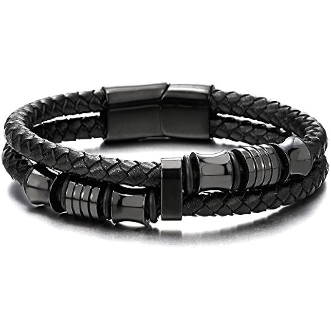 rayihni Mens Double, Row Braided Leather Bracelet Bangle Wristband With Stainless Steel Ornaments - Image 4