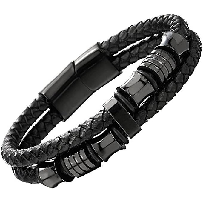 rayihni Mens Double, Row Braided Leather Bracelet Bangle Wristband With Stainless Steel Ornaments - Image 1