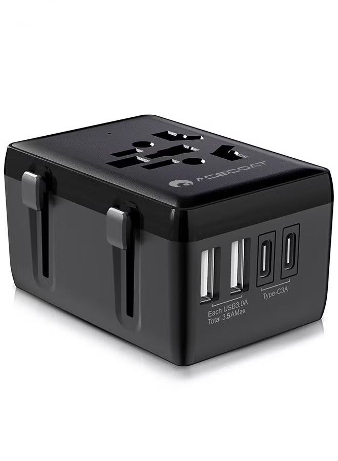 HOMESTAR Universal International Travel Adapter with 2 USB 2 Type C - Multifunctional Wall Plug Charger with 8A Fuse - Fast Charging Smart Socket Converter with Safety Protection for US/UK/EU/AU/Asia, Black - Image 1
