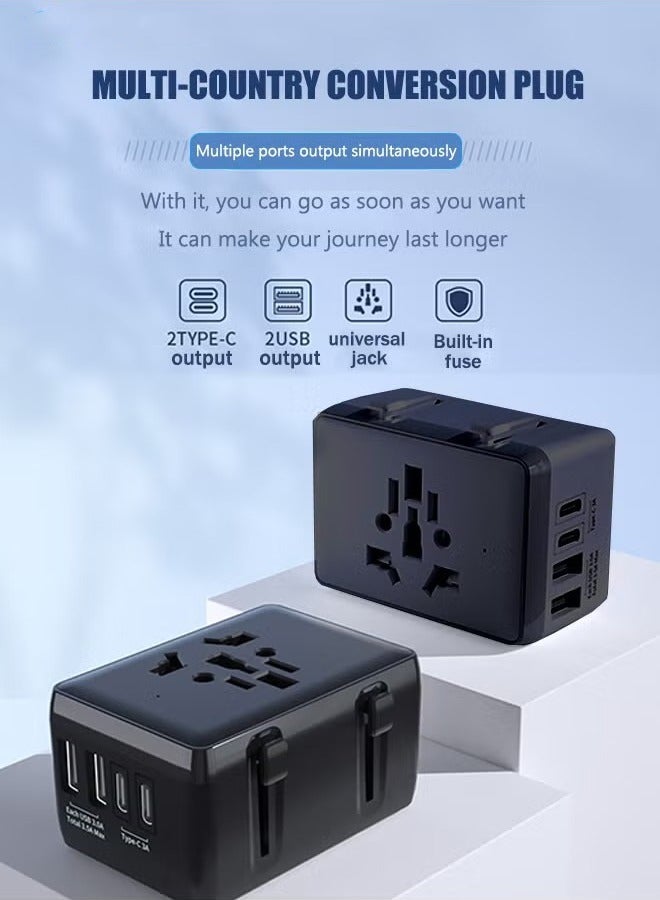HOMESTAR Universal International Travel Adapter with 2 USB 2 Type C - Multifunctional Wall Plug Charger with 8A Fuse - Fast Charging Smart Socket Converter with Safety Protection for US/UK/EU/AU/Asia, Black - Image 2