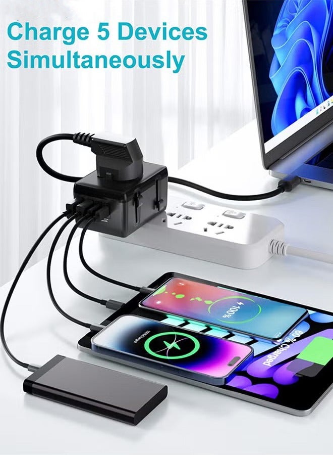 HOMESTAR Universal International Travel Adapter with 2 USB 2 Type C - Multifunctional Wall Plug Charger with 8A Fuse - Fast Charging Smart Socket Converter with Safety Protection for US/UK/EU/AU/Asia, Black - Image 3