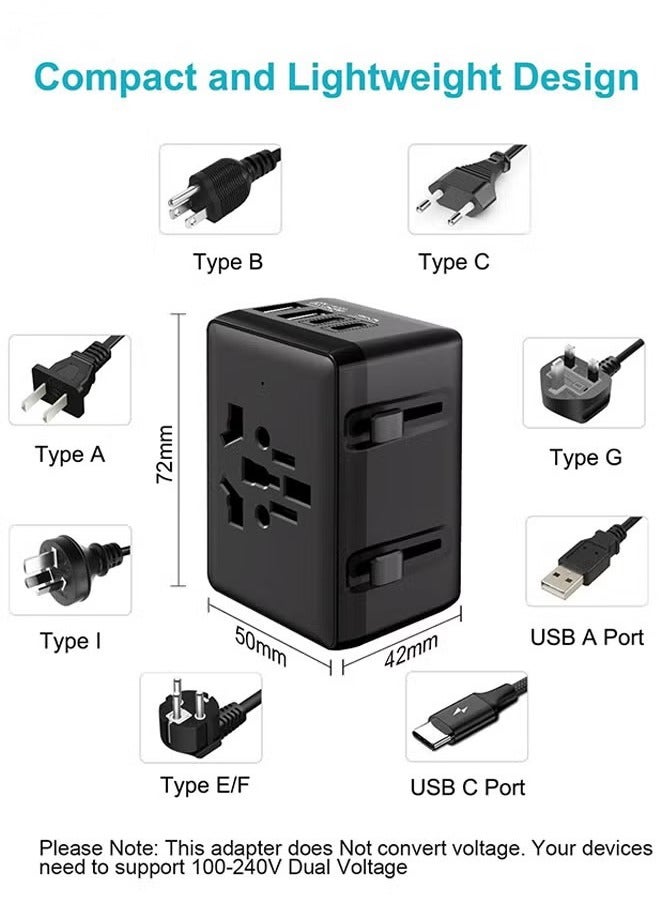 HOMESTAR Universal International Travel Adapter with 2 USB 2 Type C - Multifunctional Wall Plug Charger with 8A Fuse - Fast Charging Smart Socket Converter with Safety Protection for US/UK/EU/AU/Asia, Black - Image 5