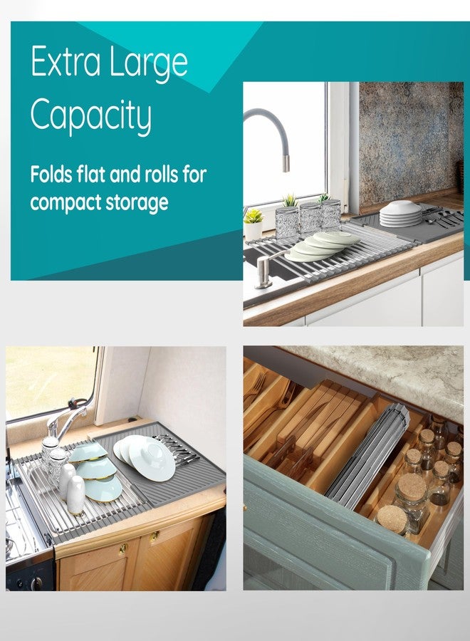 HIGHERHUMAN Silicone Dish Drying Mat and Dish Drain Rack System All in One Counter and Sink Rack (Medium Grey) - Image 4