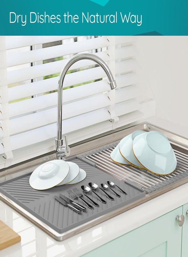 HIGHERHUMAN Silicone Dish Drying Mat and Dish Drain Rack System All in One Counter and Sink Rack (Medium Grey) - Image 2