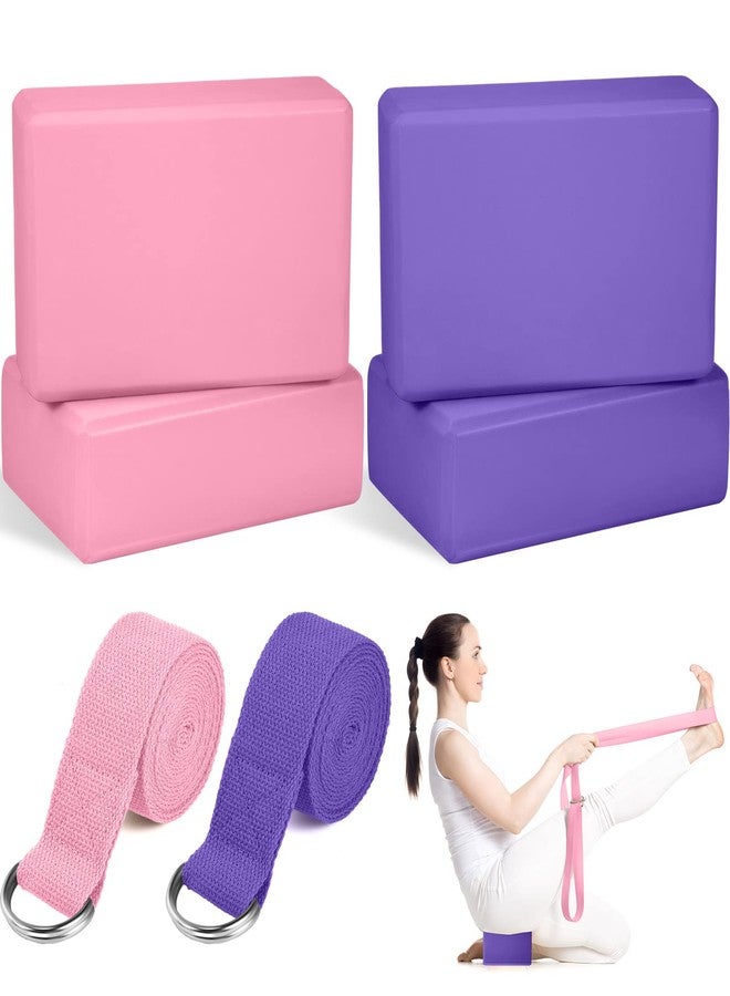 Jexine 6 Pcs Yoga Block and Strap Set 4 Pcs 9 x 6 x 3 Inches EVA Foam Pilates Block 2 Pcs Cotton Yoga Strap for Beginners Experienced Pilates Fitness Stretching - Image 1