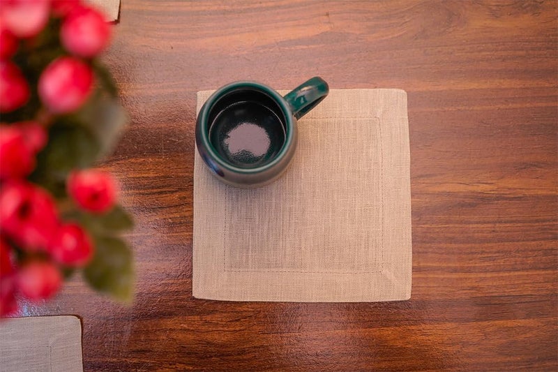 Cloud Fino Pure Linen Cocktail Napkin 6x6 Set of 12 100 French Flax Stone Washed for Softness Zigzag Stich Small Cloth Beverage Party Bar Coffee Dessert Wedding Napkin CoasterLight Natural - Image 1