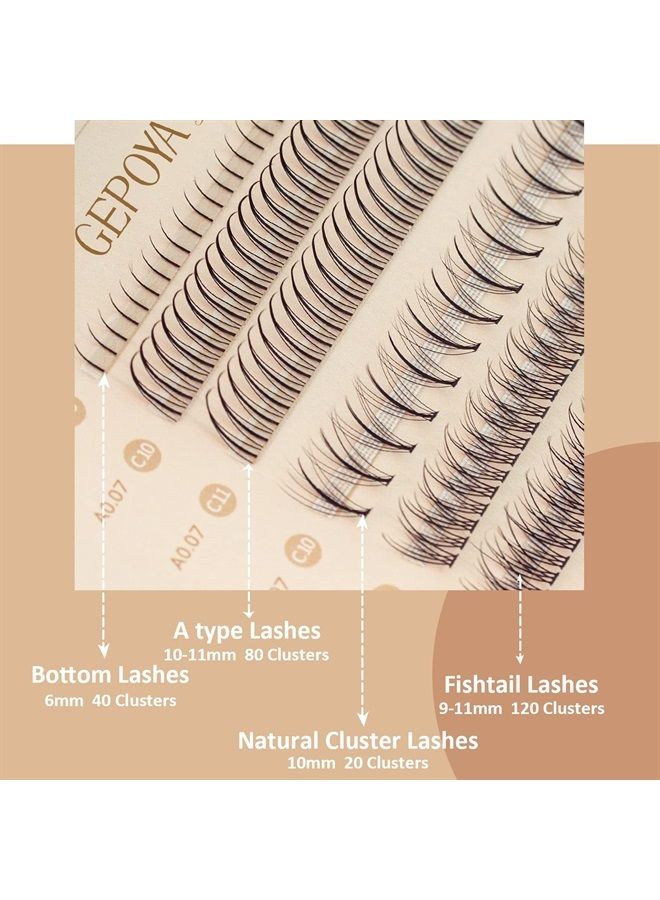 SIMER 4 Types Individual Lashes 220 Clusters Lashes Natural Look 6-11mm Eyelash Extension Kit with Fishtail Lash ＆ A Type False Eyelashes ＆ Bottom Lashes for Make Up DIY - Image 3