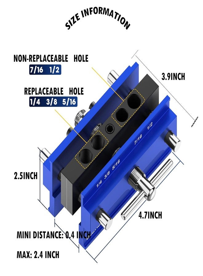 Zalaxt Self Centering Doweling Jig Kit, Adjustable Width Dowel Jig for Straight Holes with 6PCS Drill Bushings Blue - Image 2