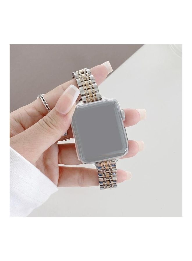 NIBEMINENT Seven-beads Steel Replacement Strap Watchband For Apple Watch Series 7/6/SE/5/4/3/2/1 45/44/42mm Silver Rose Gold - Image 1