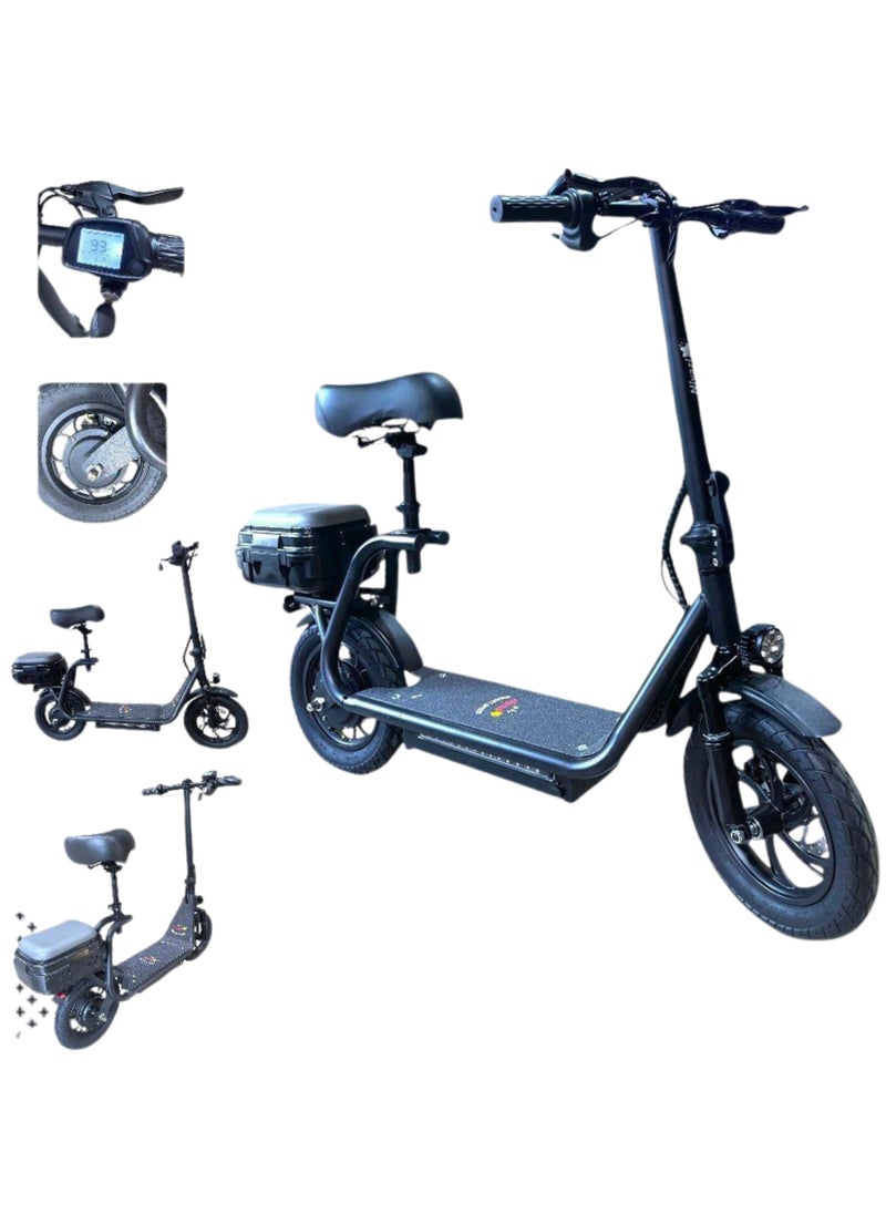 Niyazi - Electric Scooter with Extra Seat and Storage Box | Electric Scooter for Adults | Electric Scooter with Two Seats | Foldable Electric Scooter | 48V Voltage | 500W Motor | Front and Rear Lights | Shock Absorption Suspension | Storage Box | Extra Seat for Passenger | Weight Capacity 120 KG | 12-Inch Tires - Image 1