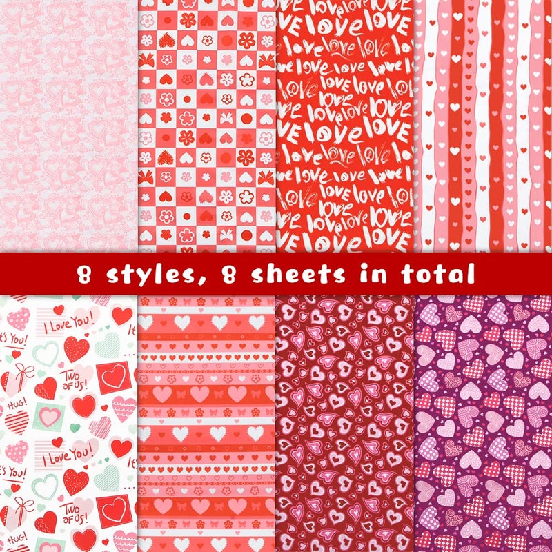 Geluode Valentine's Day Fabric,8 PCS 8 Designs Cotton Sewing Fabric Squares, Love Heart Floral Fat Quarters Quilting Fabric Bundles Material for Valentine's Day Wedding Decorative Sewing DIY Fabric Crafts - Image 2