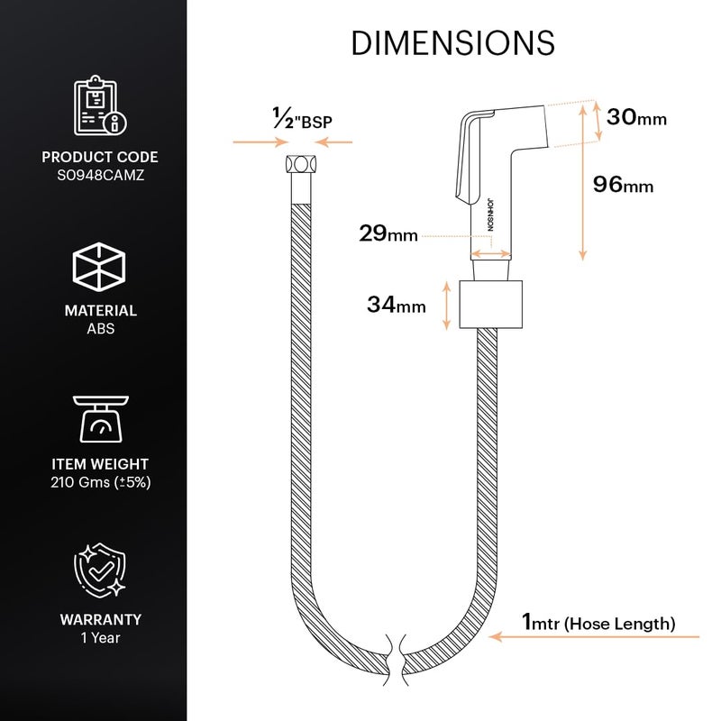 Johnson Bathrooms Wavy Health Faucet Abs Premium Jet Spray for Toilet AntiCorrosion Hand with 1 Mtr Flexible Hose Wall Hook Yr Warranty S0948Camz Chrome Colour - Image 2