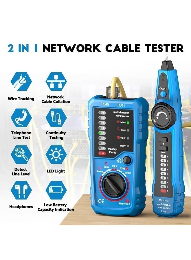 جهاز اختبار وتتبع كابلات Mastfuyi FY869، متتبع أسلاك RJ45 وRJ11، كاشف الخطوط، جهاز تتبع متعدد الوظائف لشبكة الإيثرنت LAN، كابلات Cat5 وCat6 لتجميع الكابلات وصيانة الشبكة - Image 1