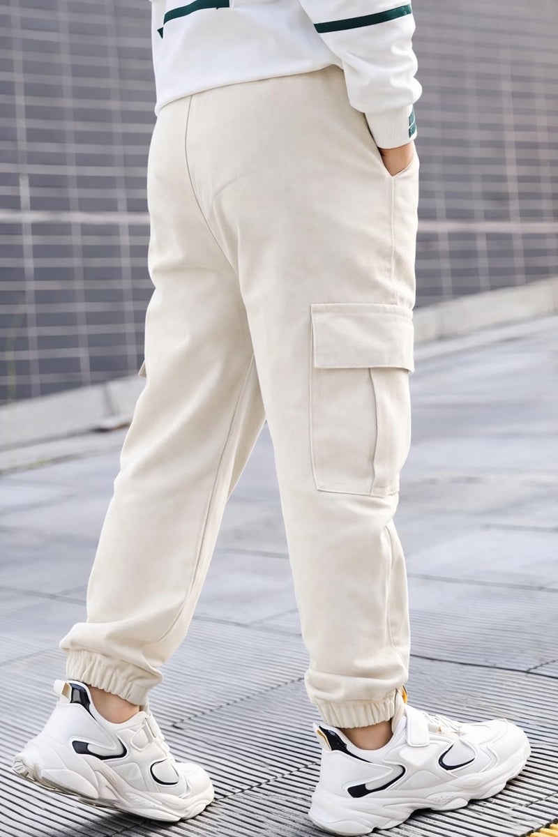 ADBUCKS Boys' Cotton Cargo Joggers – Soft, Casual Pants with Pockets II Boy's Relaxed Cargo Joggers Pants for Boy (in, Age, 7 Years, 8 Years, White) - Image 3