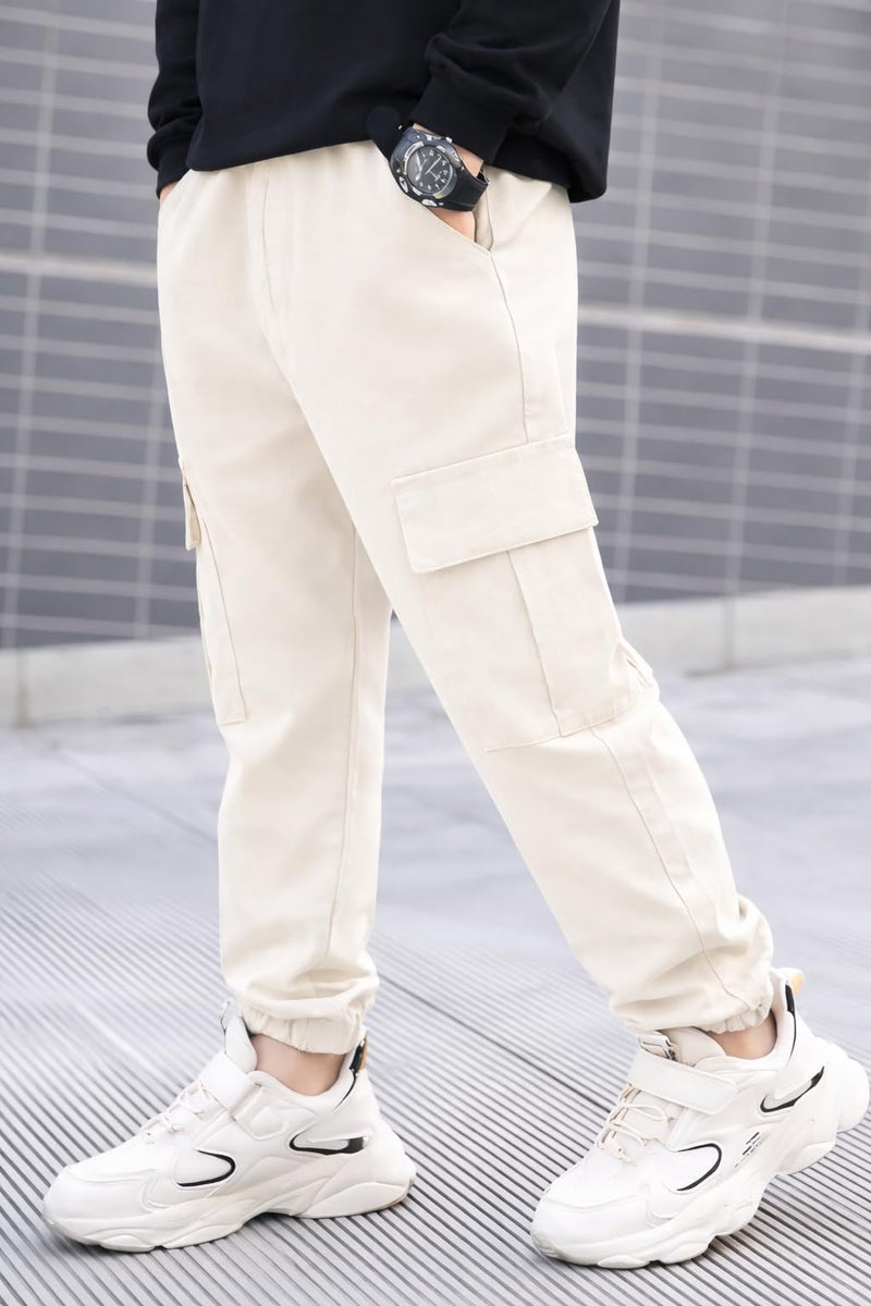 ADBUCKS Boys' Cotton Cargo Joggers – Soft, Casual Pants with Pockets II Boy's Relaxed Cargo Joggers Pants for Boy (in, Age, 7 Years, 8 Years, White) - Image 2