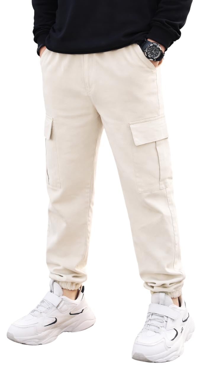 ADBUCKS Boys' Cotton Cargo Joggers – Soft, Casual Pants with Pockets II Boy's Relaxed Cargo Joggers Pants for Boy (in, Age, 7 Years, 8 Years, White) - Image 1
