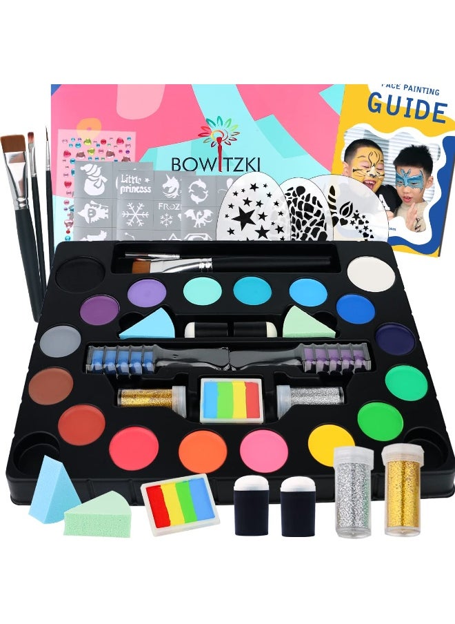 Bowitzki Bowitzki Face Paint kit-18 Colors, Split Cake Face Paint, Hair Chalks, Brushes, Sponges, Glitters, Gems, Reusable Stencils,Professional Non-Toxic Halloween Party Makeup Body & face Painting  - Image 1