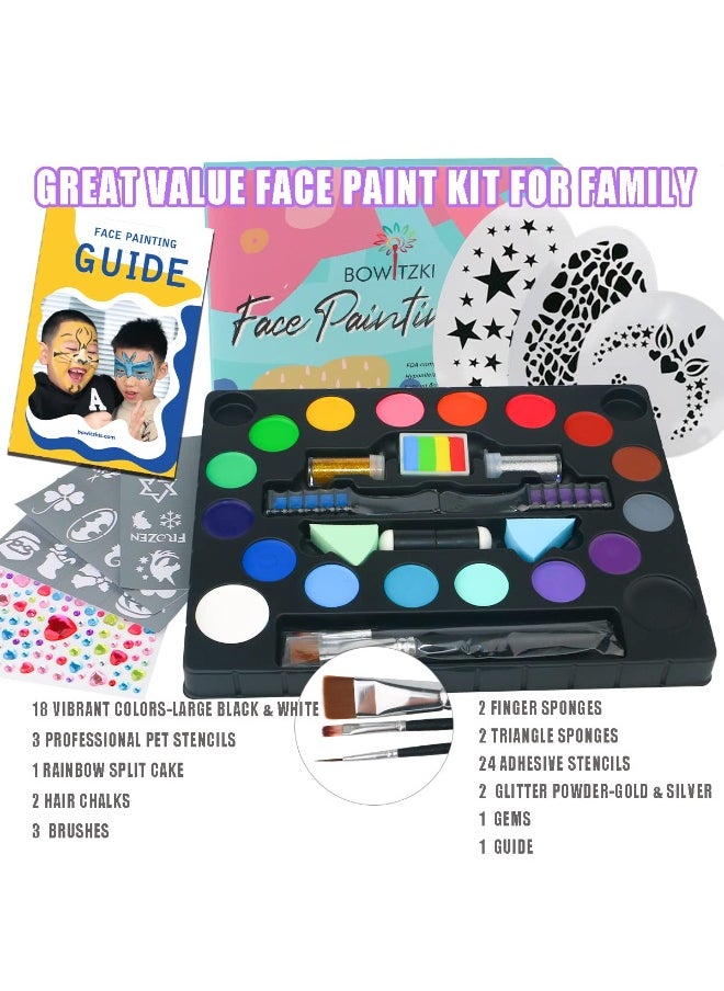 Bowitzki Bowitzki Face Paint kit-18 Colors, Split Cake Face Paint, Hair Chalks, Brushes, Sponges, Glitters, Gems, Reusable Stencils,Professional Non-Toxic Halloween Party Makeup Body & face Painting  - Image 2