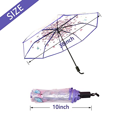 JOBEDE Cherry Blossom Butterfly Umbrella Transparent Clear Umbrellas 8 Ribs Folding Umbrellas for Adult Kids Men and Women of All Ages (Purple) - Image 2