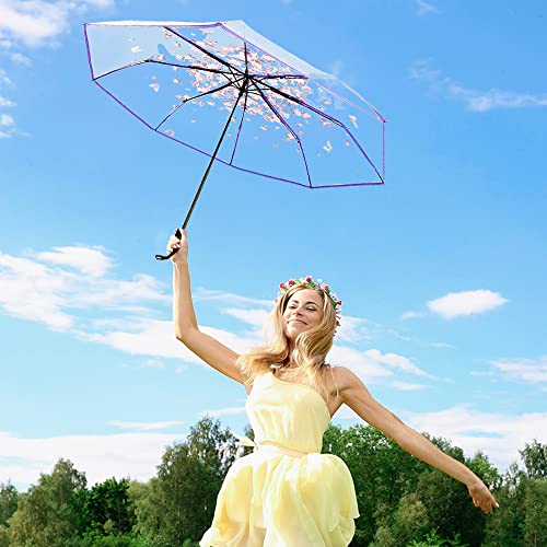 JOBEDE Cherry Blossom Butterfly Umbrella Transparent Clear Umbrellas 8 Ribs Folding Umbrellas for Adult Kids Men and Women of All Ages (Purple) - Image 4