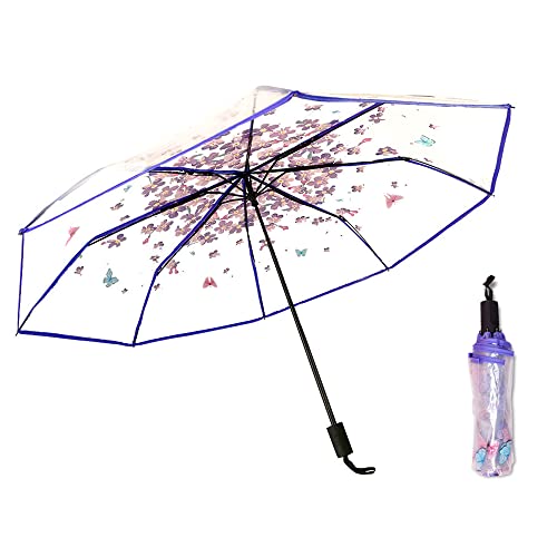 JOBEDE Cherry Blossom Butterfly Umbrella Transparent Clear Umbrellas 8 Ribs Folding Umbrellas for Adult Kids Men and Women of All Ages (Purple) - Image 1