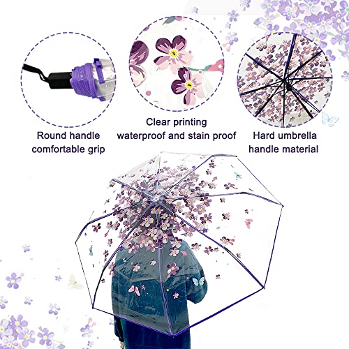 JOBEDE Cherry Blossom Butterfly Umbrella Transparent Clear Umbrellas 8 Ribs Folding Umbrellas for Adult Kids Men and Women of All Ages (Purple) - Image 3