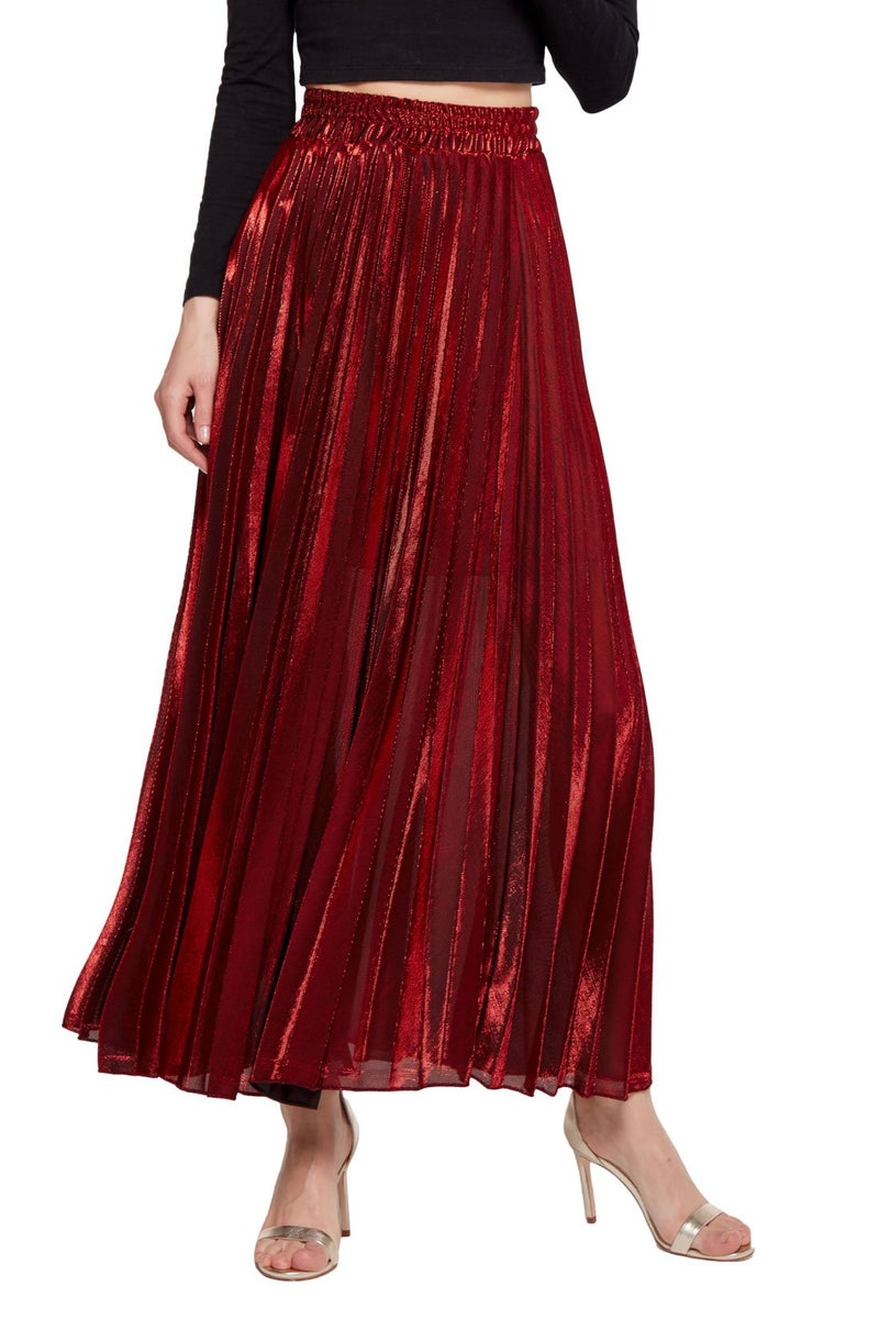 CHARTOU Women's Premium Metallic Shiny Shimmer Accordion Pleated Long Maxi Skirt (Large, Red) - Image 2