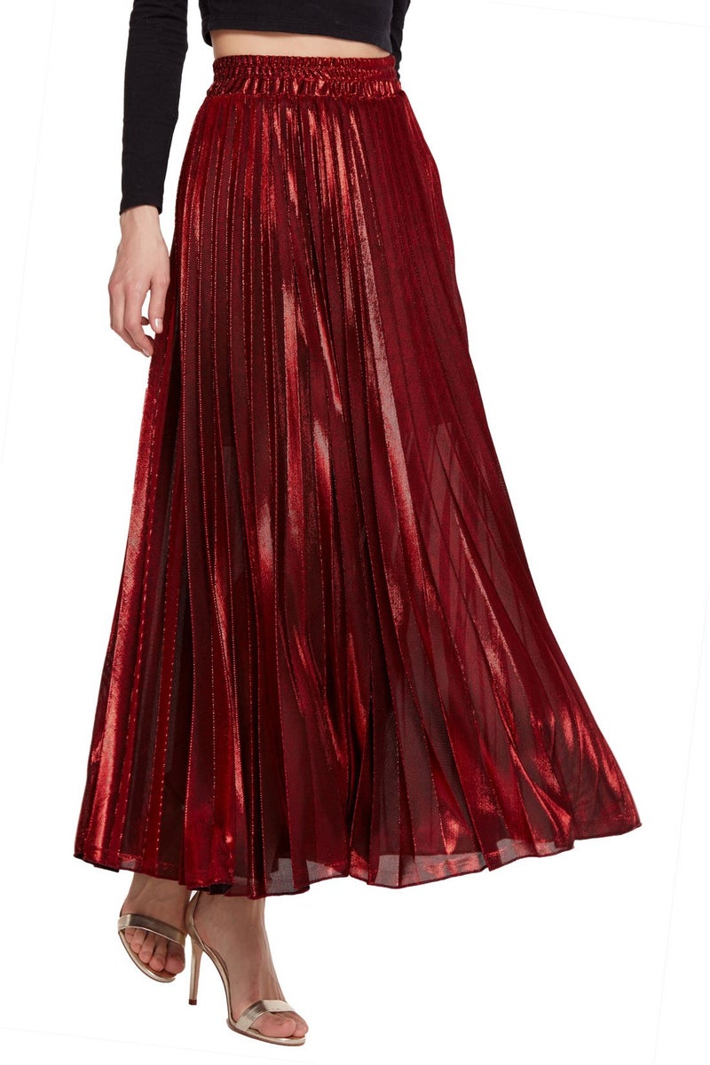 CHARTOU Women's Premium Metallic Shiny Shimmer Accordion Pleated Long Maxi Skirt (Large, Red) - Image 1