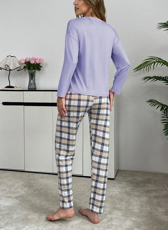 Take Two Take Two Purple Solid T-Shirt and Checked Pyjama Set