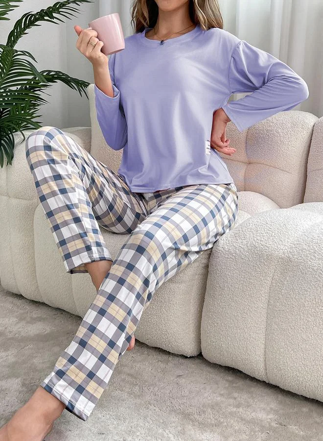 Take Two Take Two Purple Solid T-Shirt and Checked Pyjama Set
