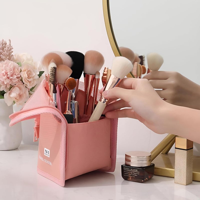 NFI essentials PVC Pack of 2 Makeup Brush Organizer Bag for Women Portable Makeup Brush Holder Travel Makeup Brush Case Standing Zipper Waterproof Cosmetic Brush Pouch - Image 3