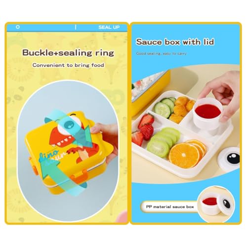 Wosta Lunch Box, Cartoon Lunch Box with Leak Proof Lid and Reusable Steel Spoon & Sauce Containers Ideal for Men, Women’s and Kids School, Office and Travel. (Grey - Dinosaur Design) - Image 4