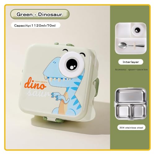 Wosta Lunch Box, Cartoon Lunch Box with Leak Proof Lid and Reusable Steel Spoon & Sauce Containers Ideal for Men, Women’s and Kids School, Office and Travel. (Grey - Dinosaur Design) - Image 2
