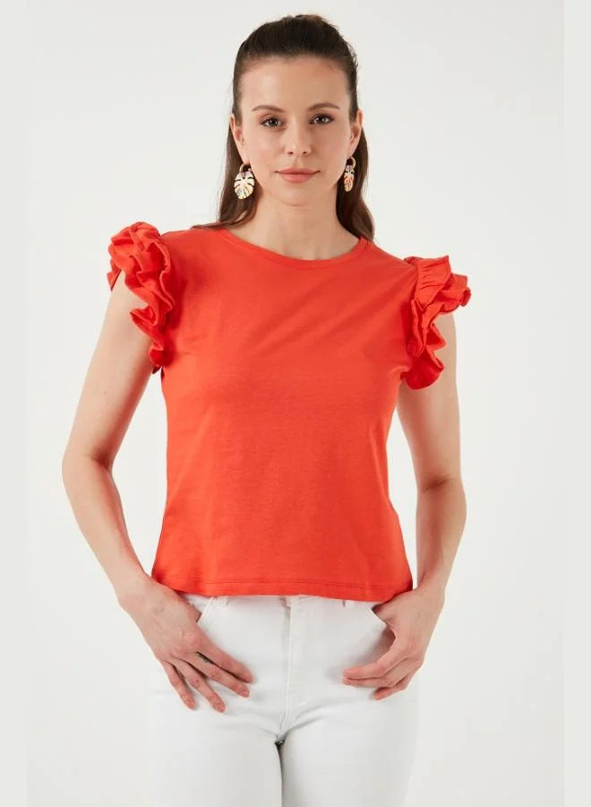 Lela Lela Cotton Slim Fit Crew Neck T-Shirt with Ruffled Sleeves Women's T-Shirt 5864500