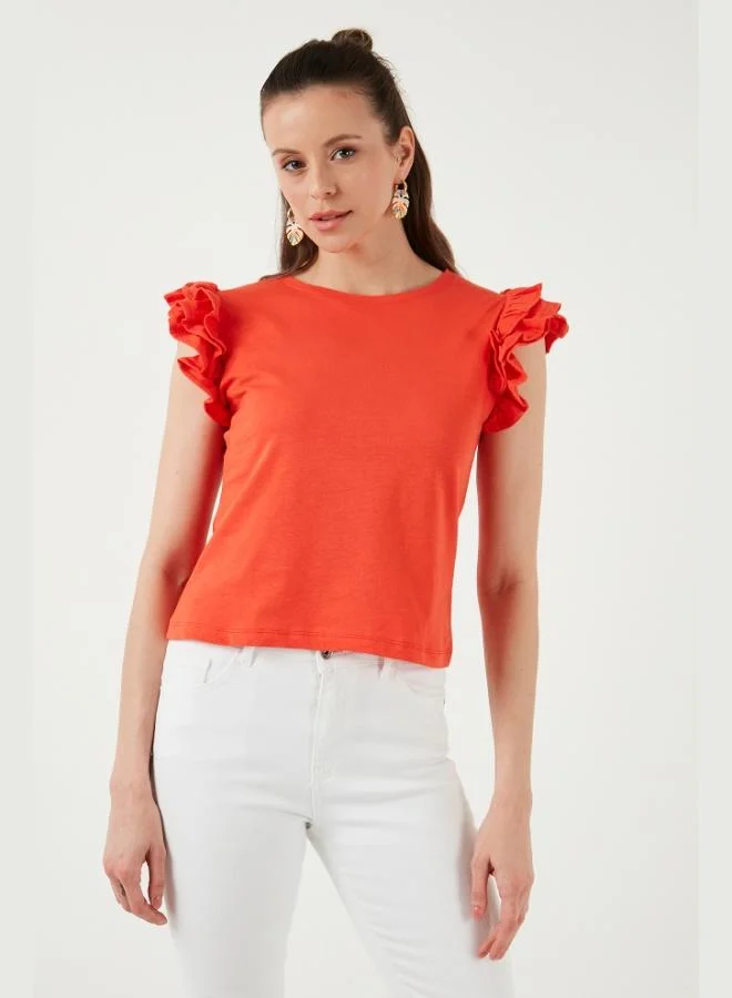 Lela Lela Cotton Slim Fit Crew Neck T-Shirt with Ruffled Sleeves Women's T-Shirt 5864500