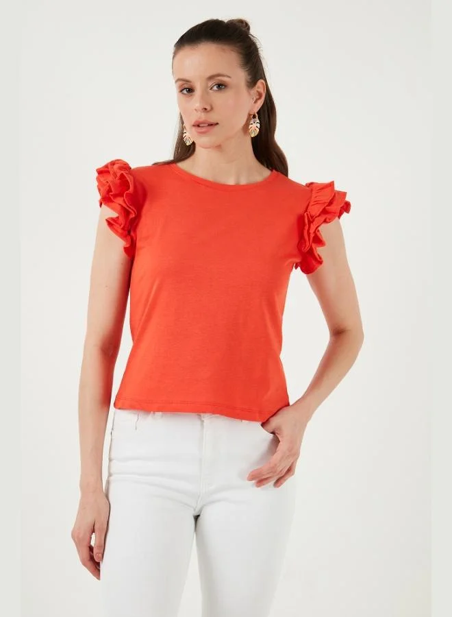 Lela Lela Cotton Slim Fit Crew Neck T-Shirt with Ruffled Sleeves Women's T-Shirt 5864500